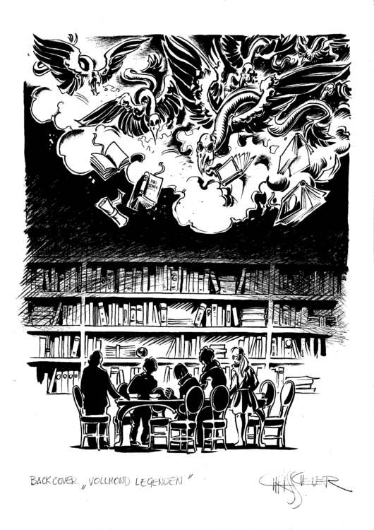 Illustration von Chris Scheuer - Kinder in einer Bibliothek über ihnen schweben Monster und fliegende Bücher 