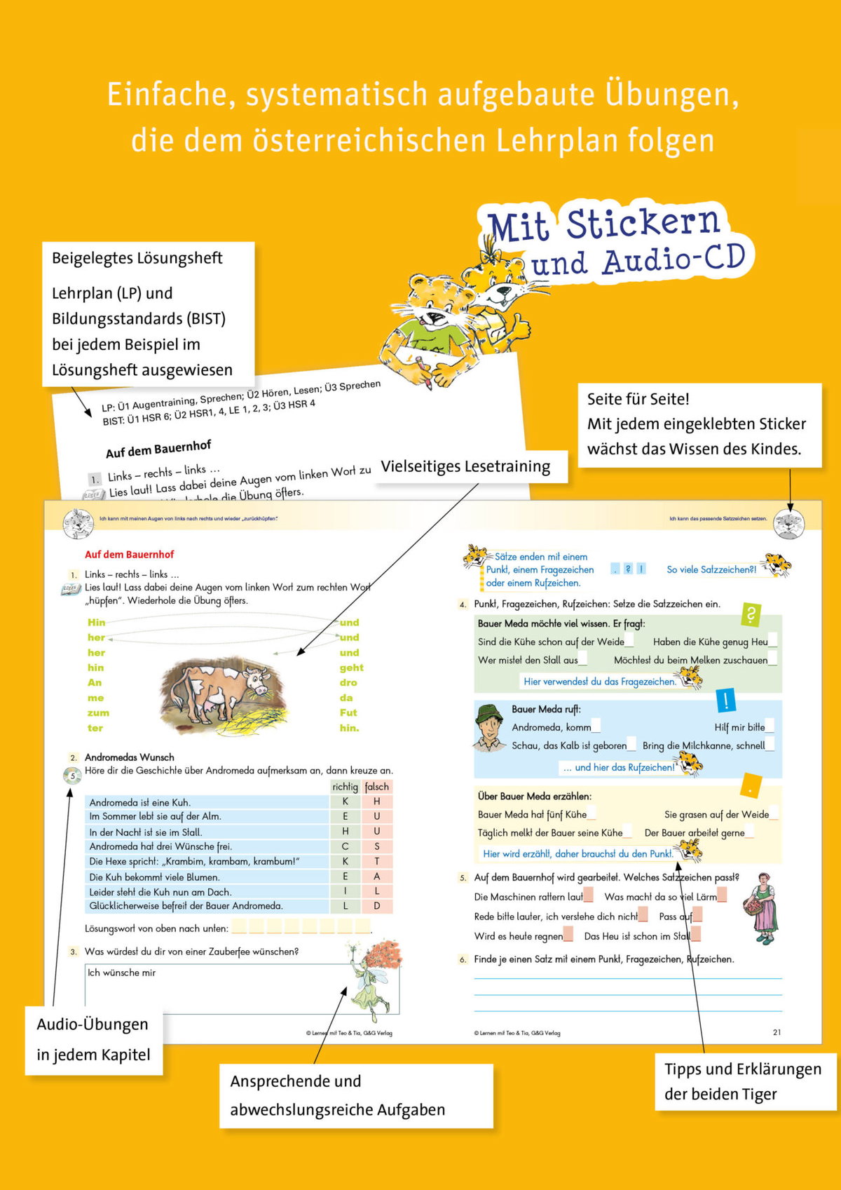 Innenansicht der Lernhilfen-Reihe Teo und Tia. Alle Aufgaben sind für Kinder liebevoll gestaltet, systematisch aufbereitet und somit klar zu verstehen. Auf jeder Seite können Sticker eingeklebt werden, wenn die Aufgabe geschafft ist. Bei den Sprach-Lernhilfen gibt es zu jedem Kapitel Audio-Übungen. 